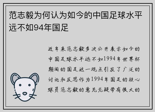 范志毅为何认为如今的中国足球水平远不如94年国足