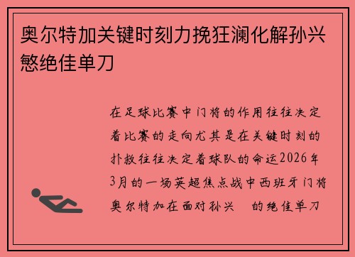 奥尔特加关键时刻力挽狂澜化解孙兴慜绝佳单刀 奥尔特加关键时刻力挽狂澜化解孙兴慜绝佳单刀