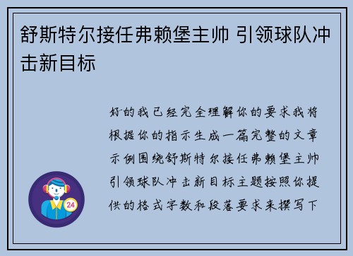 舒斯特尔接任弗赖堡主帅 引领球队冲击新目标